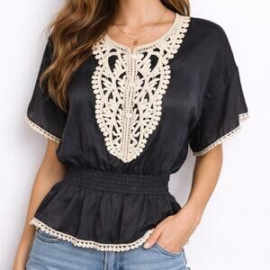 Mao Mao Boho Crochet Lace Top S Black Peplum Sheer Blouse Whimsygoth Indie